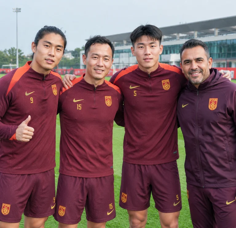 张玉宁、吴曦、朱辰杰和安东尼奥在球队活动中合影留念
