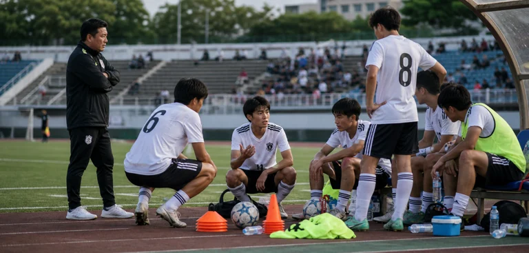 青年球员赛后交流与备战画面